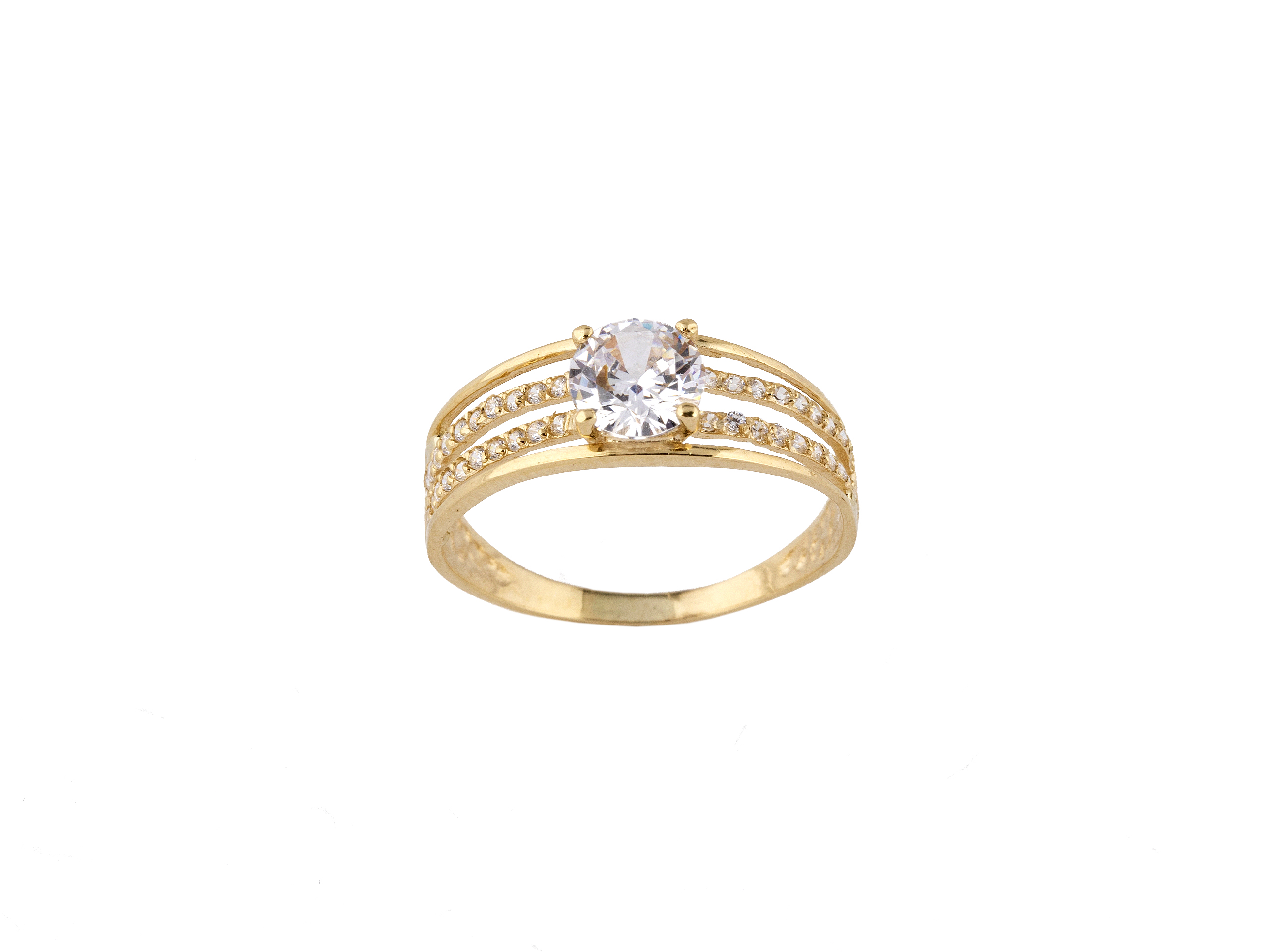 anillo oro 18k circonita central con doble banda de circonitas
