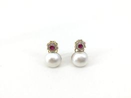 Pendientes Oro 18k Con Circonita,perla,rubi
