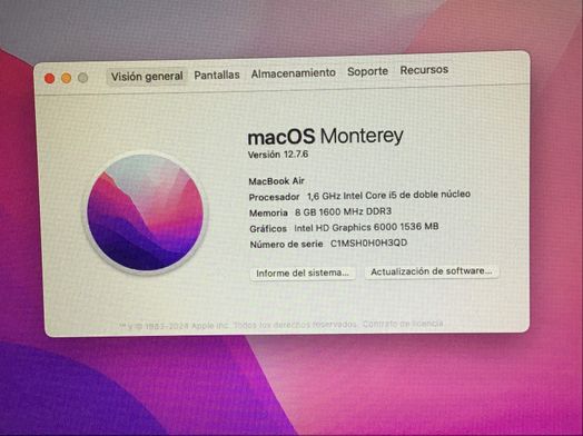 portatil apple apple macbook air core i5 1.6 13 (2015) (a1466)