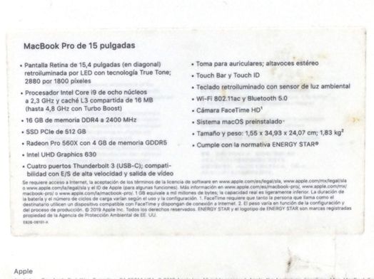portatil apple apple macbook pro core i9 2.3 15 touchbar (2019) (a1990)